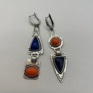 Artisan Crafted Mismatched Dangle Earrings w Lapis Lazuli Orange Stones w Holes
